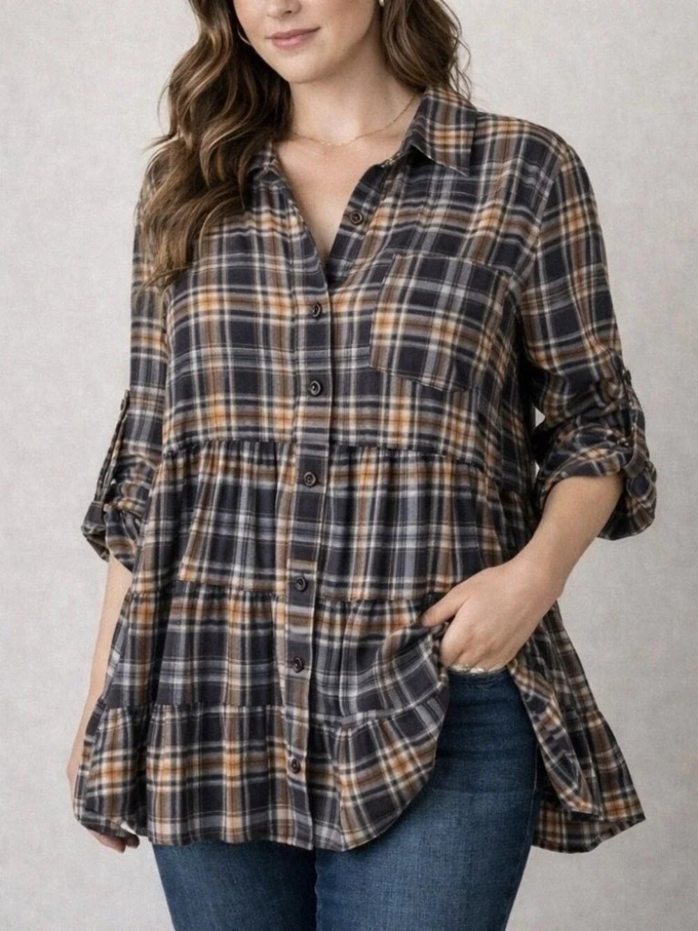 Free People Eternal Sunshine plaid boho tiered dress shirt tunic top blouse